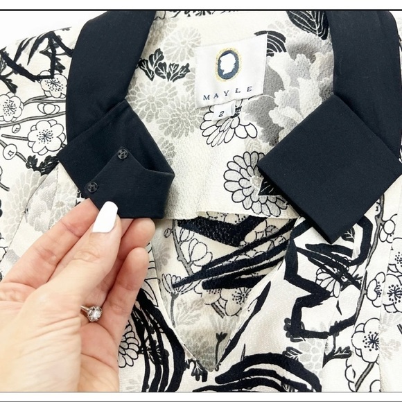 Mayle Sz 2 Black Floral Toile 100% Silk Pleated Ruffle Peplum Keyhole xs Blouse - Picture 9 of 10